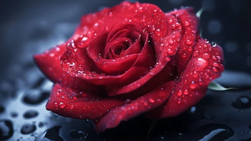 Deep Crimson Rose with Dewdrops on Dark Surface.