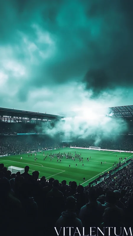 Football stadium crowd under dense clouds and field smoke.