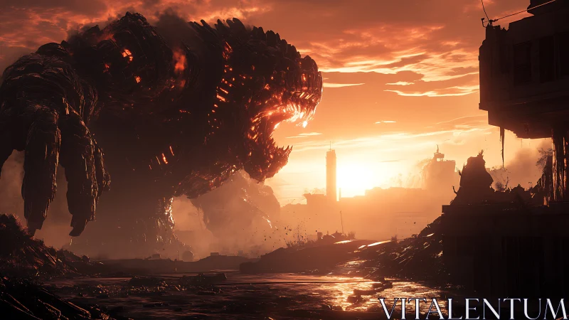 Volcanic kaiju entity crossing a sun-flared urban ruin.
