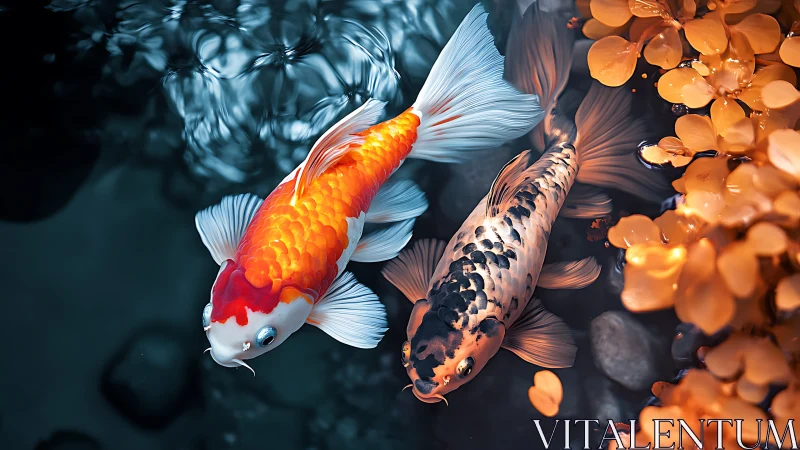 Two koi fish swim near orange leaves in clear dark water.