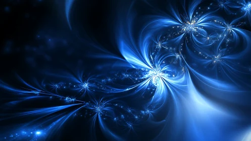 Fractal blue light vortex with radiant starbursts in motion flow.