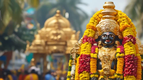 Hindu deity statue draped in vivid marigold flower garlands.