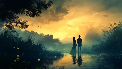 Silhouetted couple in shallow water at golden hour sunset with atmospheric mist