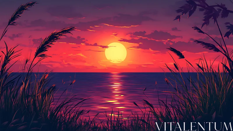 Vivid digital sunset over calm sea framed by tall reeds.