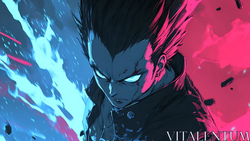 Anime character glows with intense blue and pink opposing energy