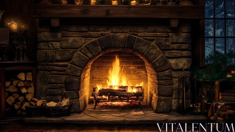 Stone fireplace with active fire and warm ambient lighting.