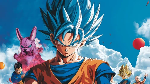 Blue-haired anime warrior with team against bright sky.