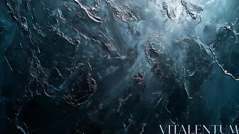 Abstract deep blue textured painting with metallic highlights.