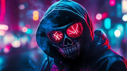 Hooded skull mask with neon glasses in urban night scene.