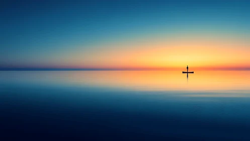 Isolated canoe silhouette on axially symmetric sunset horizon.