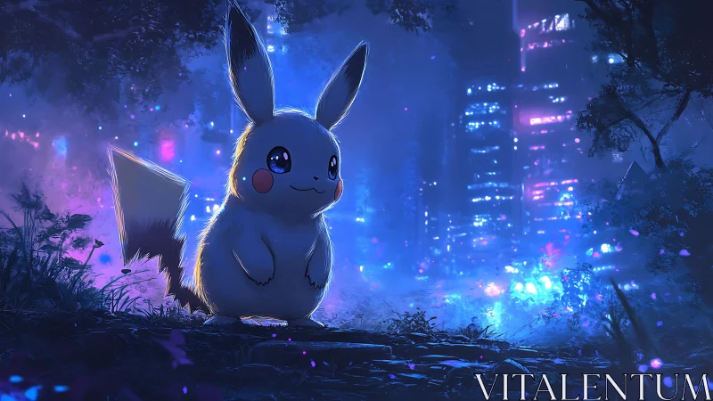 Pikachu stands in neon lit forest with distant city skyline