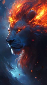Fiery elemental lion with blazing mane in dark sky.
