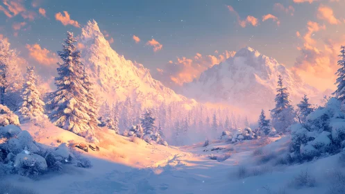 Sunlit alpine snowscape under pastel winter sunrise.