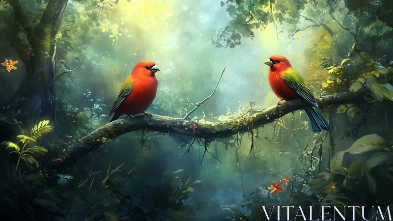 Two Vibrant Red Birds on Mossy Branch in Magical Forest Scene.