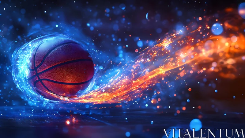 Fiery blue energy trail driving glowing basketball forward.