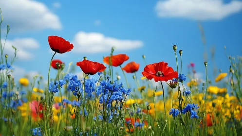 Wildflowers sway under bright summer sky with drifting clouds
