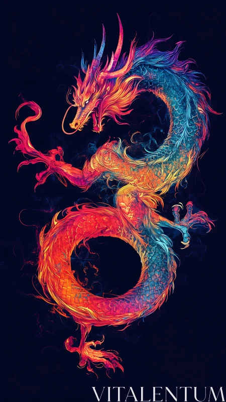 Bicolored serpentine dragon forming a loop on dark field.