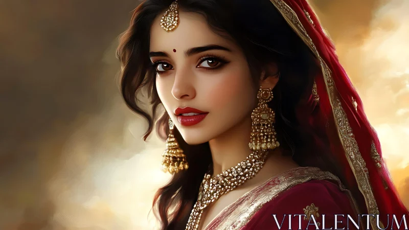Golden dusk portrait of a regal woman in red silk robes.