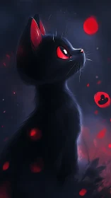 Black cat profile with red glowing eyes and petals.