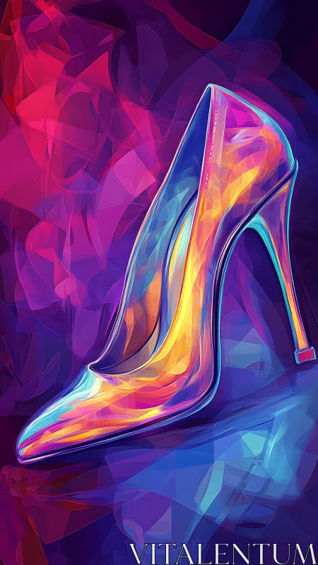 Neon stiletto heel glows in prismatic abstract light field.