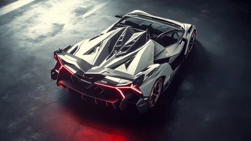 Angular hypercar rear view emphasizes aggressive aerodynamic sculpting