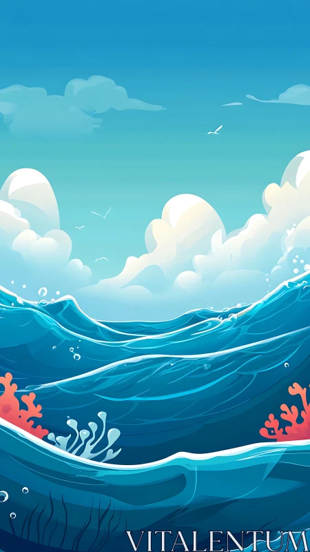 Gentle ocean waves rolling above a bright, playful reef.