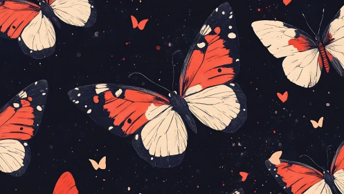 Scarlet and cream butterflies on midnight splatter field.