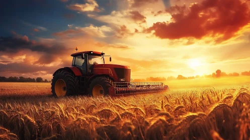 High-power red tractor harvesting wheat under volumetric sunset light