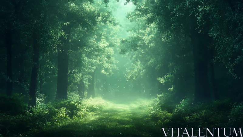 Misty Forest Path Through Dense Green Woodland.
