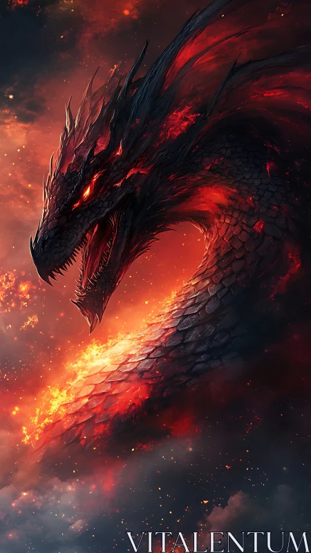 Infernal dragon coils through burning storm of embers.
