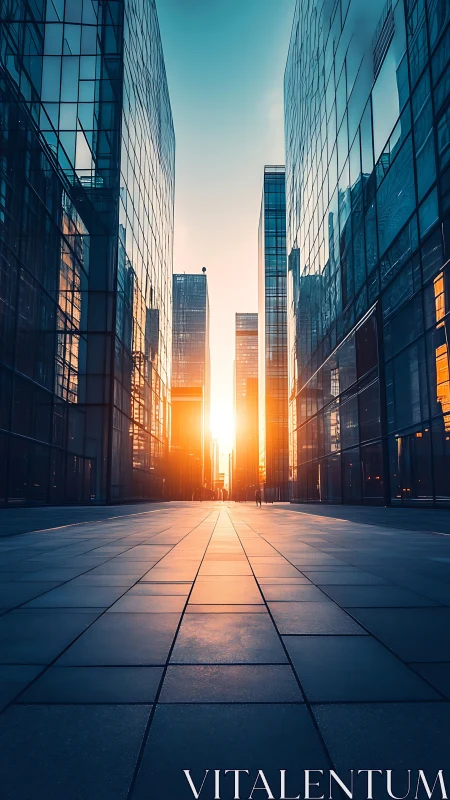 Urban Canyon at Sunrise: Glass Towers Frame Golden Light