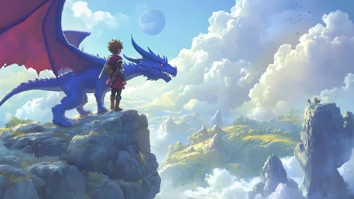 Young rider and blue dragon overlook vast fantasy valley.