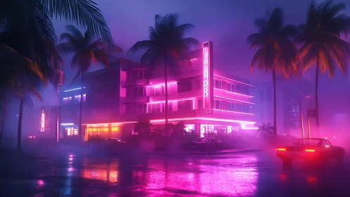 Neon hotel glows in rainy night street with palm trees