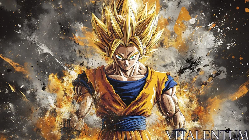 Muscular anime warrior stands in fiery explosive energy field