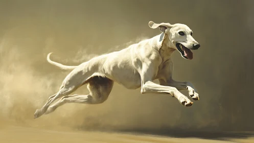 Sand-sprinting hound streaks through sunlit desert haze.