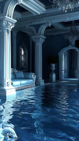 Opulent flooded ballroom shimmers in icy blue moonlight