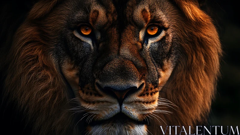 Close-up lion portrait with intense golden eyes in shadow