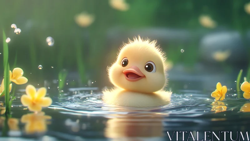 Sunlit duckling daydream in a dewy wildflower pond.