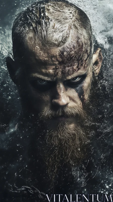 Hydrodynamic portrait of battle-scarred bearded warrior emerging.