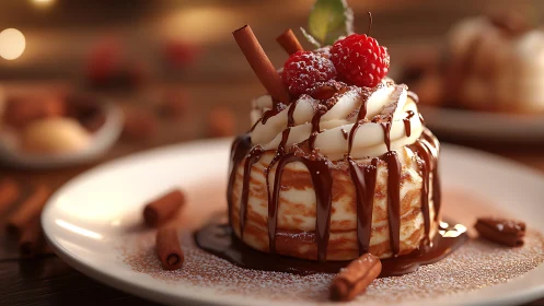 Stacked pancakes hold cream, berries, chocolate and cinnamon