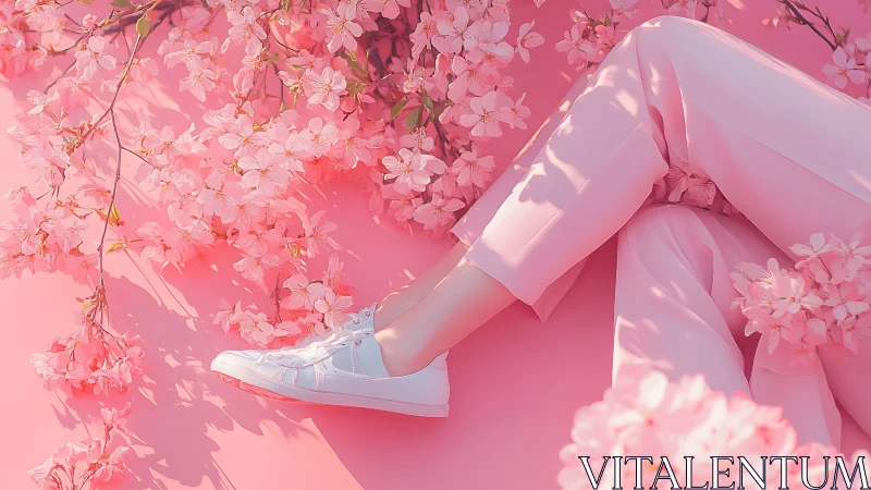 Soft pastel legs rest among blooming pink cherry blossoms
