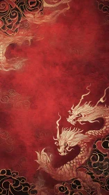 Red vertical composition shows stylised twin oriental dragons