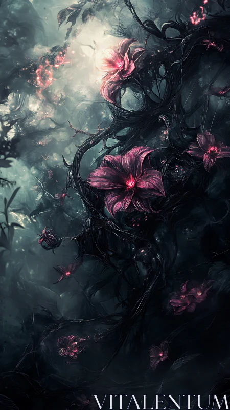 Dark enchanted vines with glowing pink flowers in mist