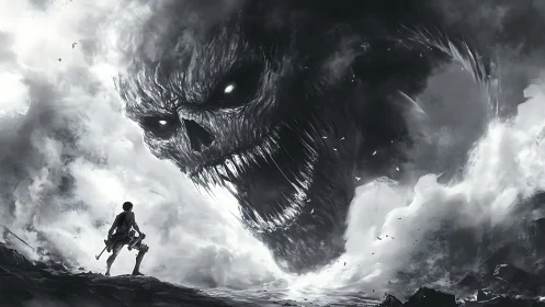 Colossal cloud-skull entity engulfs lone warrior in high-contrast storm