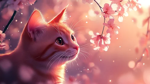 Luminous Feline Portrait with Atmospheric Bokeh and Cherry Blossom Composition