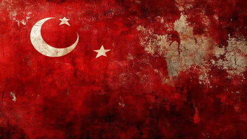 Weathered crescent and star on fierce crimson wall.