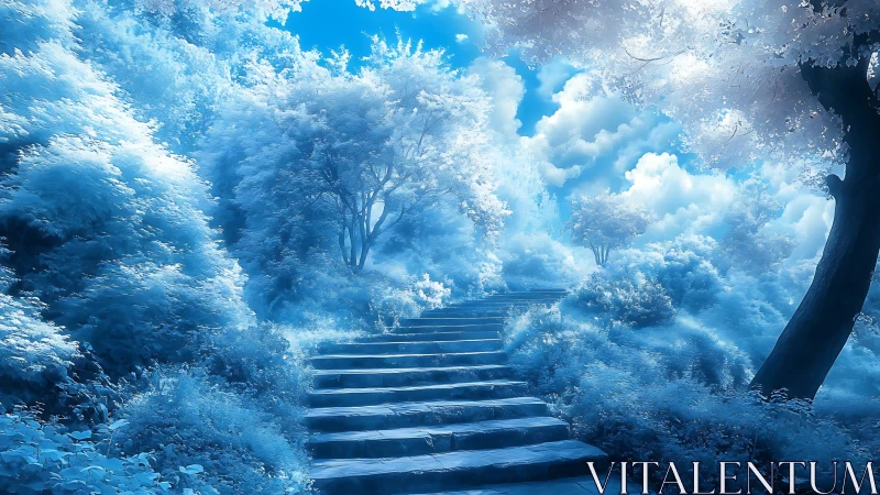 Dreamy sky path gently climbs through luminous blue forest