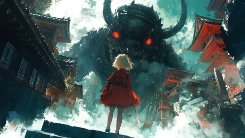 Girl in red confronts colossal horned demon amid temple ruins.