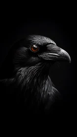 Raven portrait in high-contrast low-key monochrome lighting.