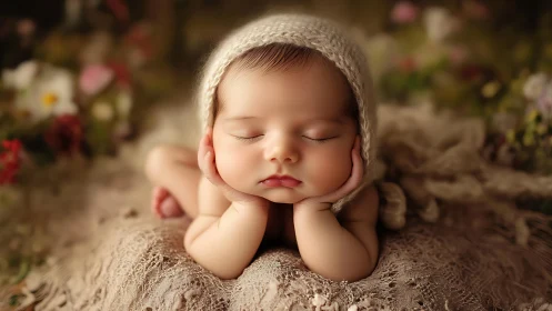 Sleeping Newborn in Cream Bonnet Posed on Textured Ground
